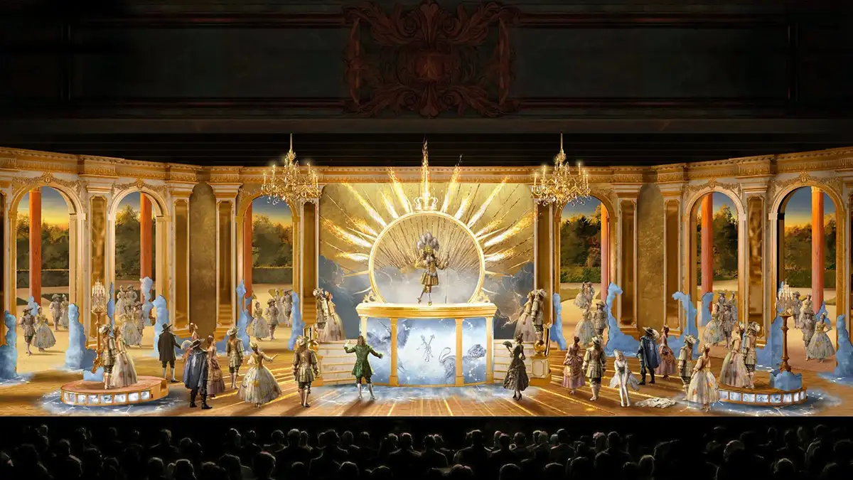 Puy du Fou 2027 – Le Rêve de Louis XIV, nouveau spectacle Le Rêve de Louis XIV, nouveau spectacle 2027 du Puy du Fou, avec une scène de la cour du Roi Soleil dans un décor royal.